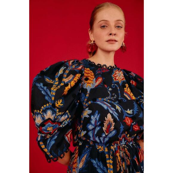 Very Rare Farm Rio Tapestry Floral Mini Dress Short Sleeve Black Blue Red XS New - Picture 4 of 11